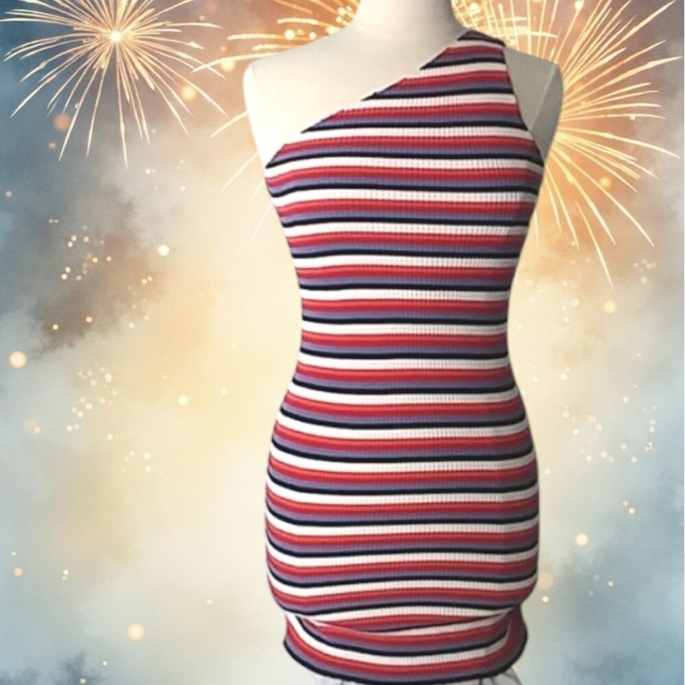 Zara Dress One Shoulder Mini Striped Stretchy Ribbed Body Con Summer Par… - Picture 2 of 16